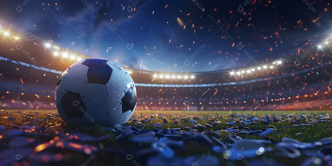 Futebol na grama em estádio brilhante vista noturna