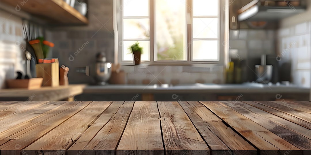 Fundo de cozinha com mesa de madeira vazia para colocação de produtos