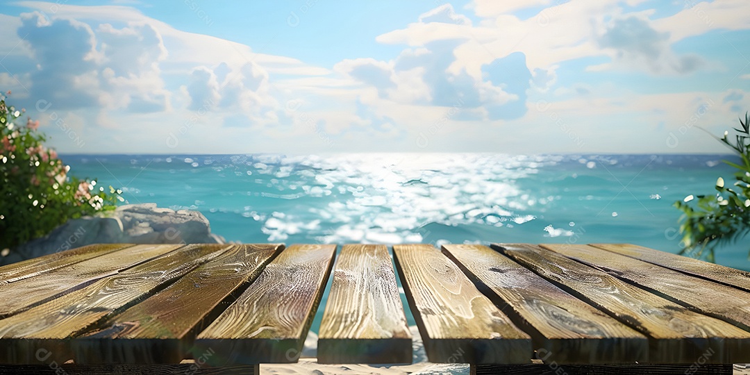 Fundo do oceano com mesa de madeira vazia para colocação de produtos