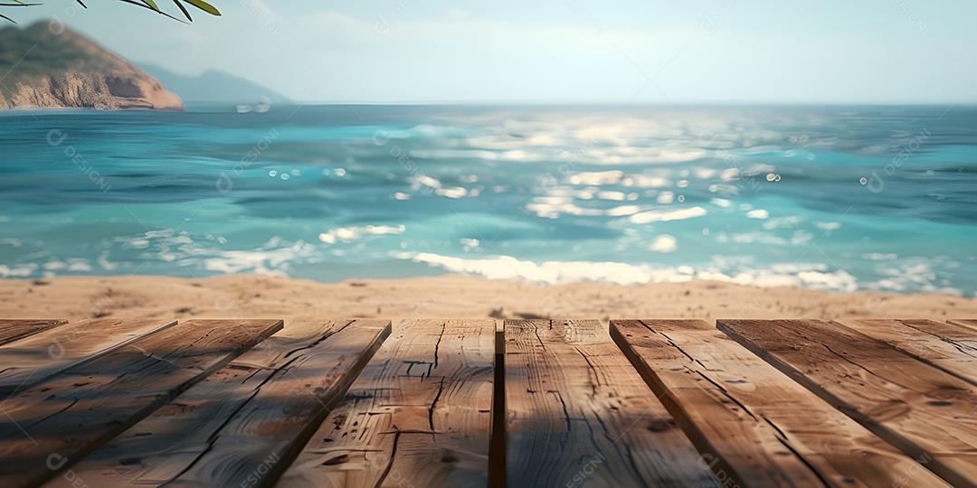 Fundo do oceano com mesa de madeira vazia para colocação de produtos