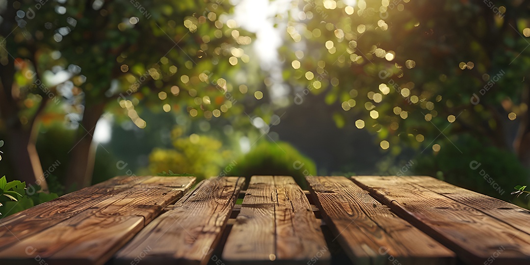 Fundo mesa de madeira vazia para colocação de produtos com árvores
