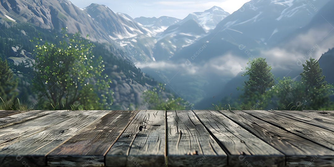 Fundo mesa de madeira vazia para colocação de produtos com montanhas