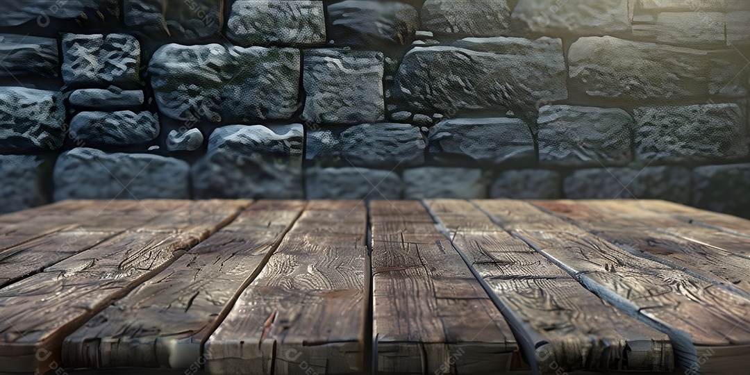 Mesa de madeira vazia para colocação de produtos com fundo