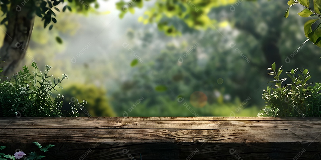 Mesa de madeira vazia para colocação de produtos com árvores fundo