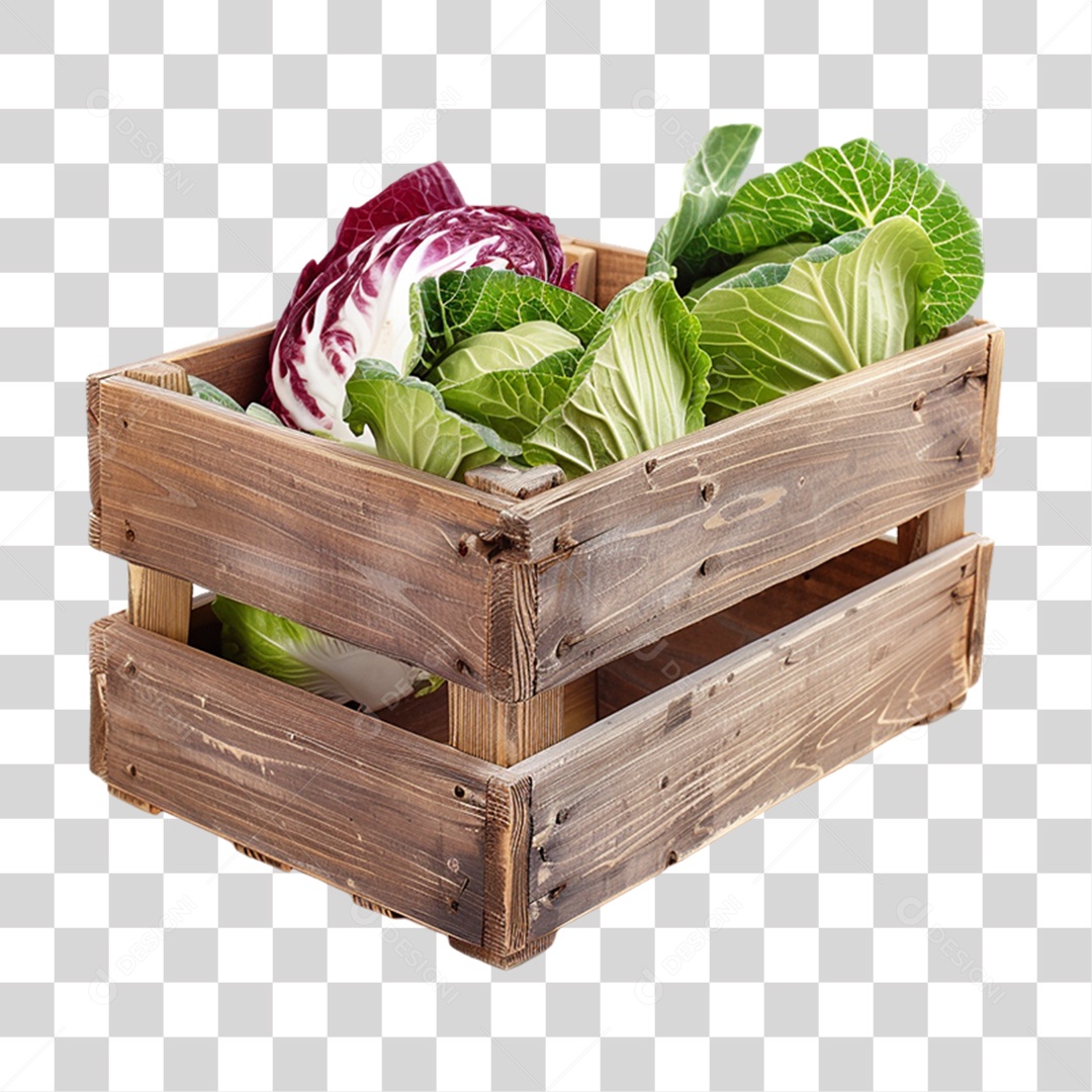 Caixa de Madeira com Frutas e Verduras PNG Transparente