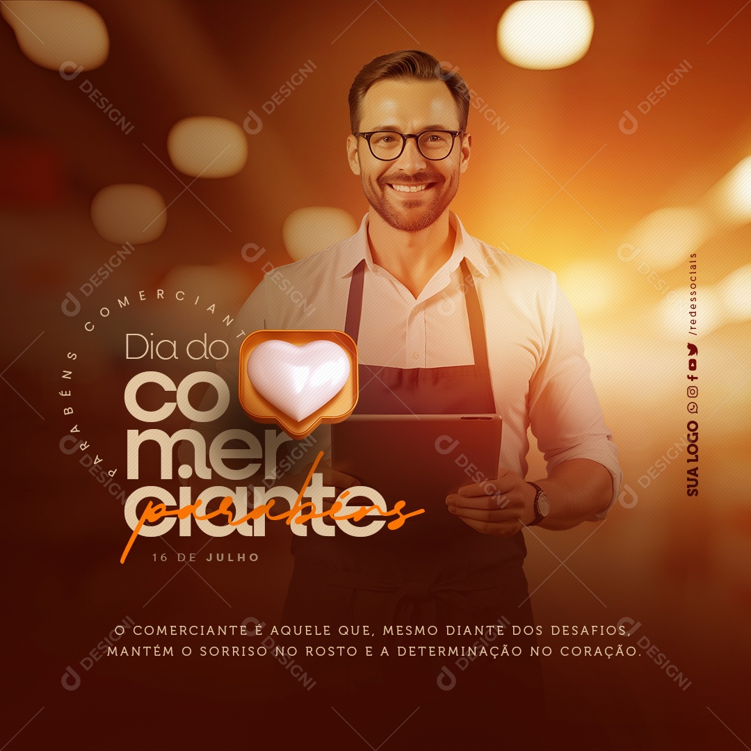 Dia do Comerciante 16 de Julho Parabéns Social Media PSD Editável