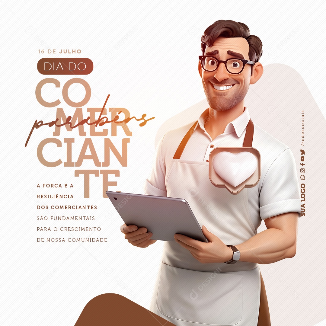 Dia do Comerciante 16 de Julho Parabéns Social Media PSD Editável