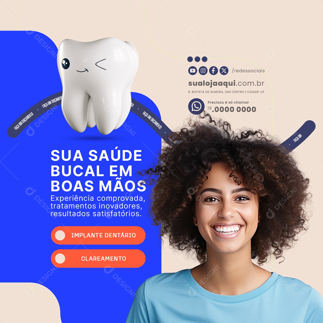 Dentista Sua Saúde Bucal em Boas Mãos Social Media PSD Editável