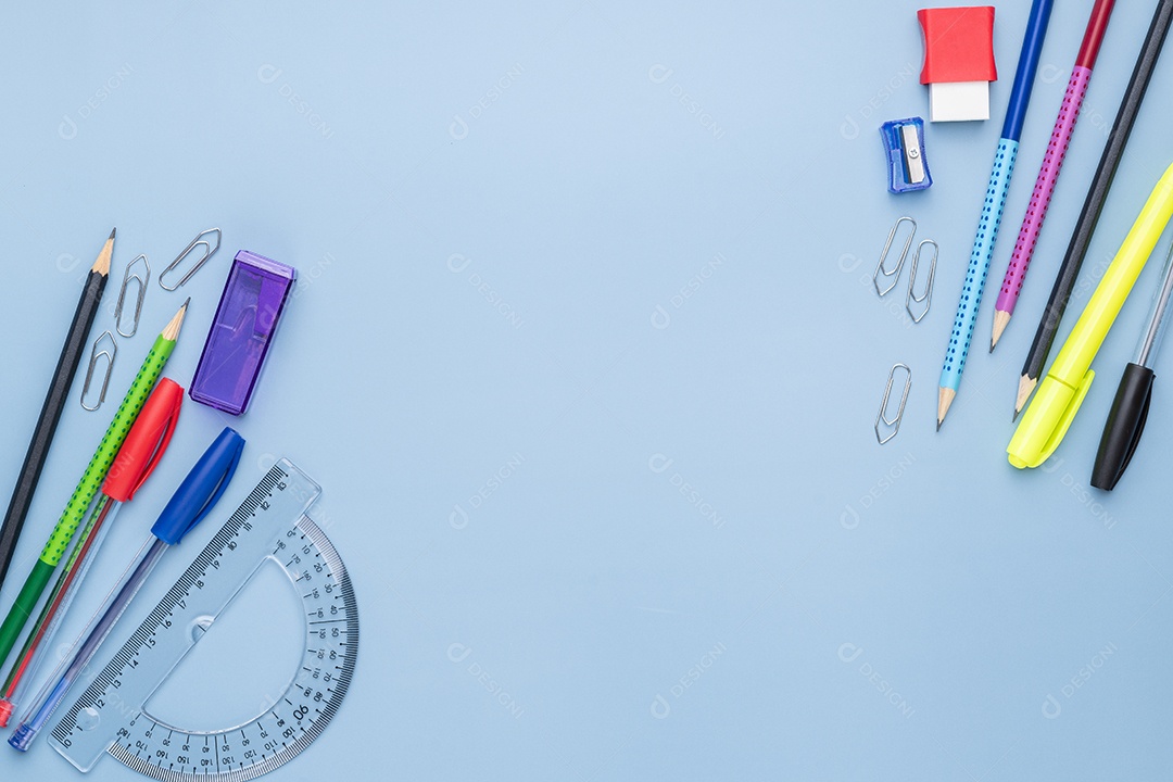 Lápis canetas réguas clipes e apontador material escolar