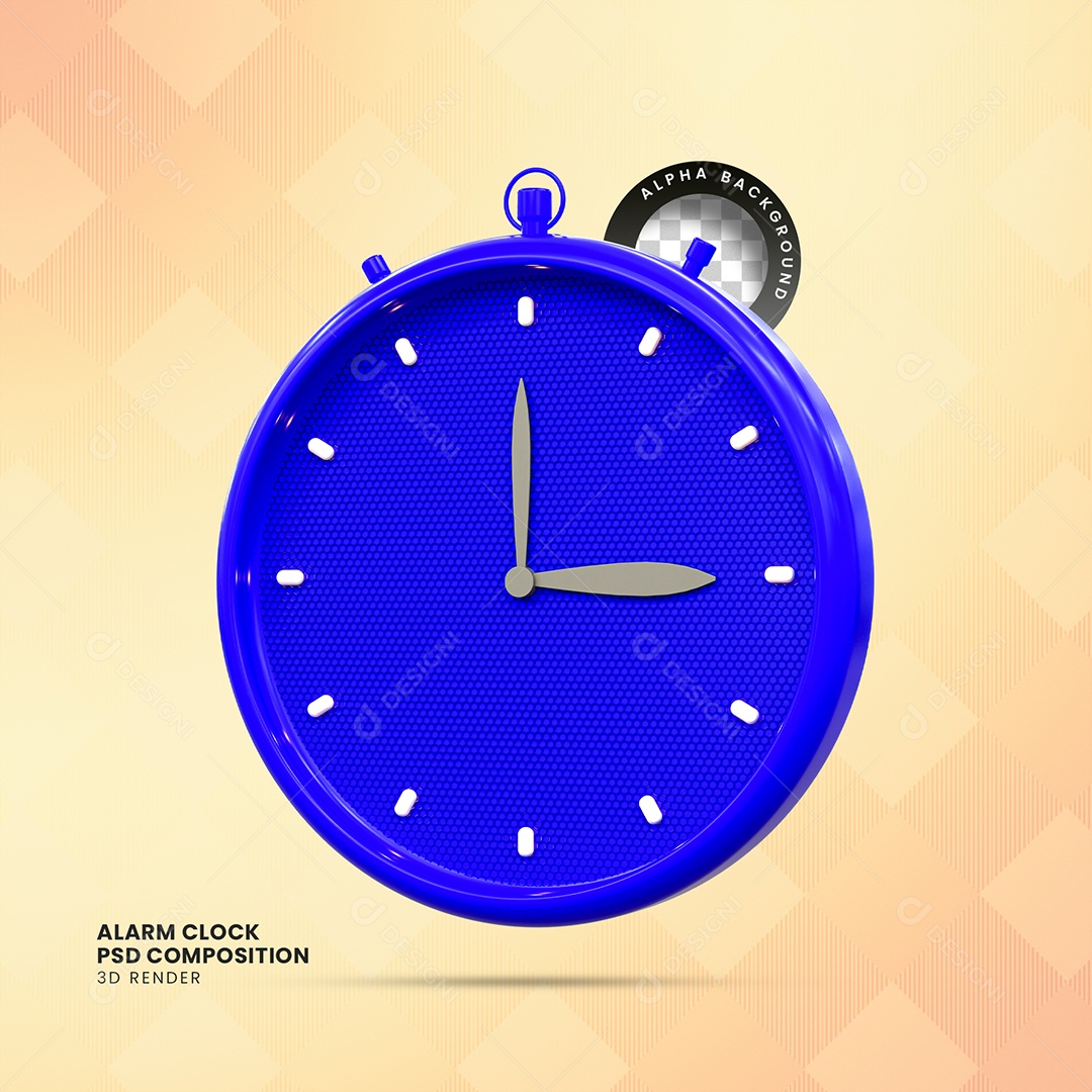 Relógio Despertador Elemento 3D Azul para Composição PSD