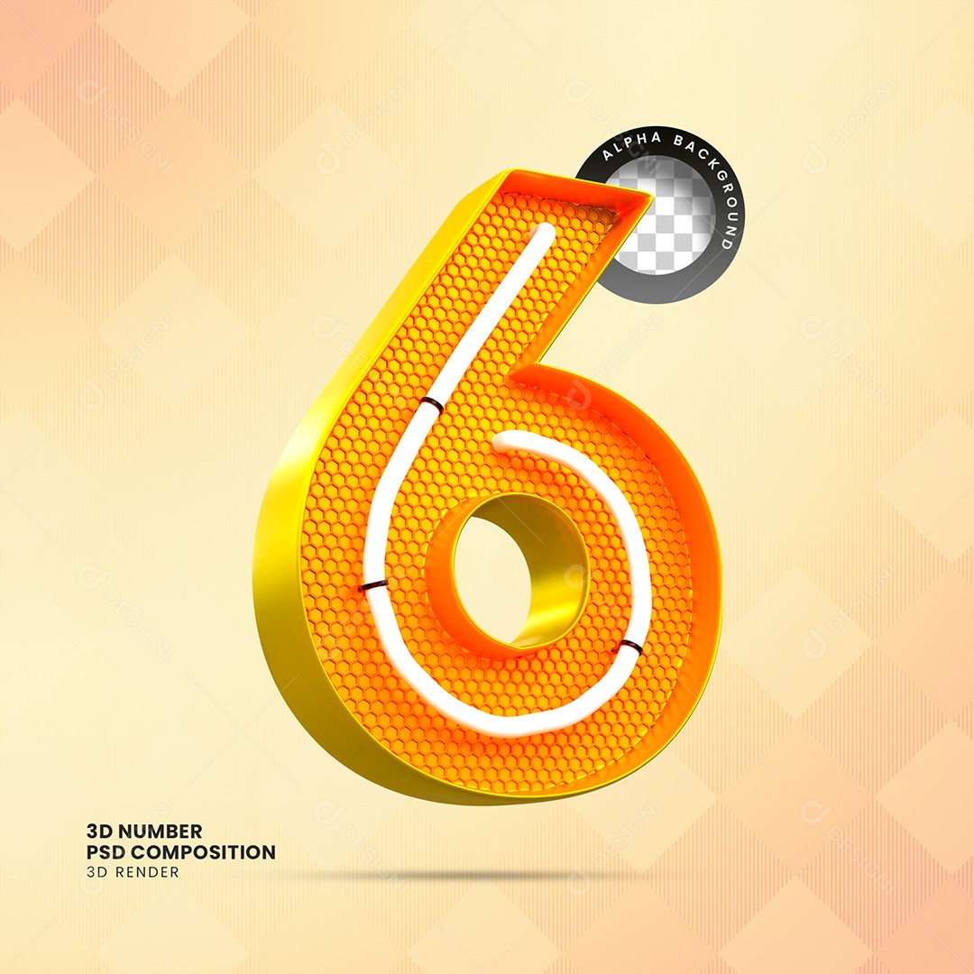 Número 3D 6 com LED Laranja para Composição PSD