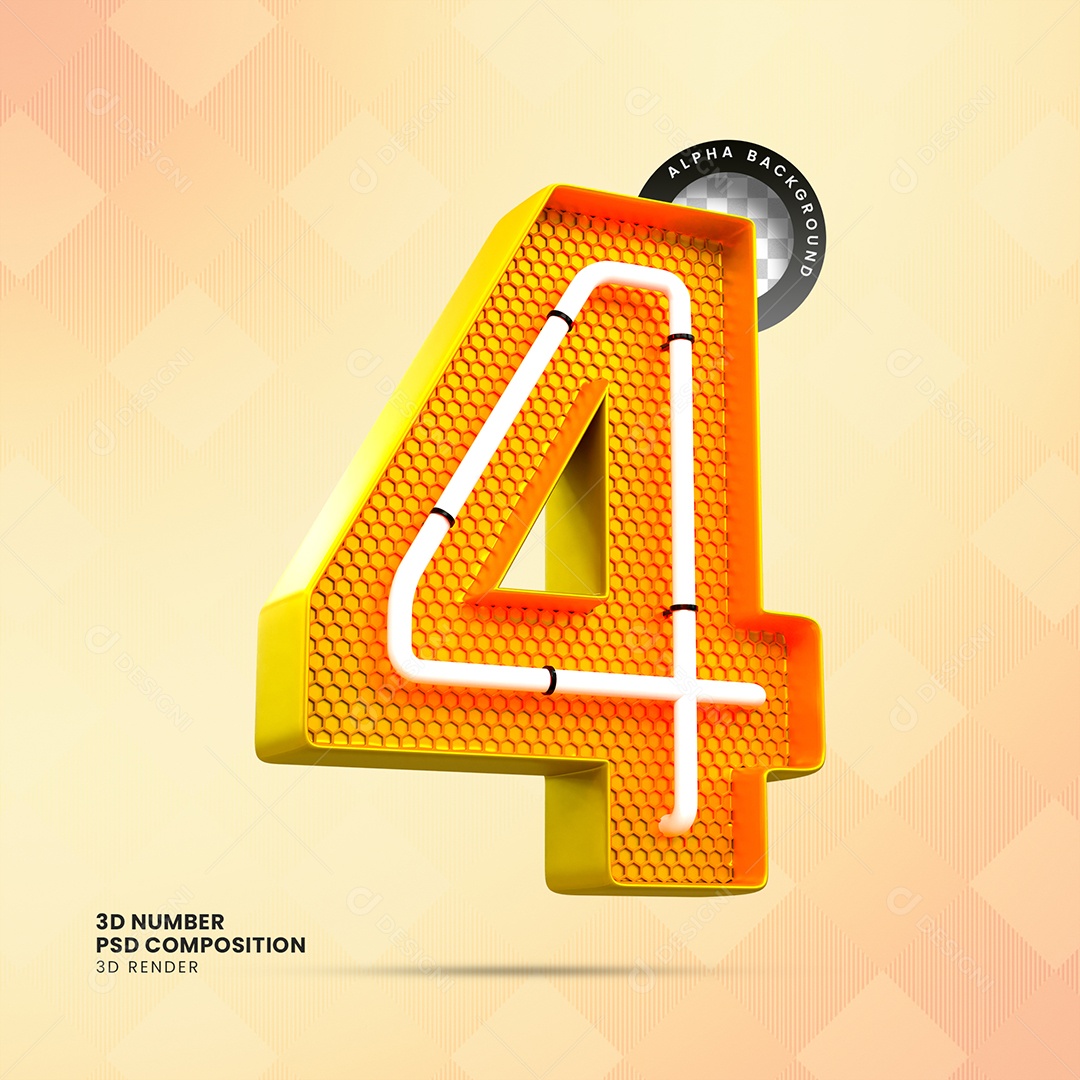 Número 3D 4 com LED Laranja para Composição PSD