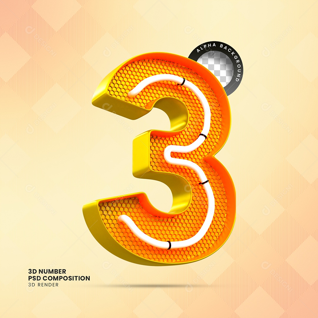 Número 3D 3 com LED Laranja para Composição PSD