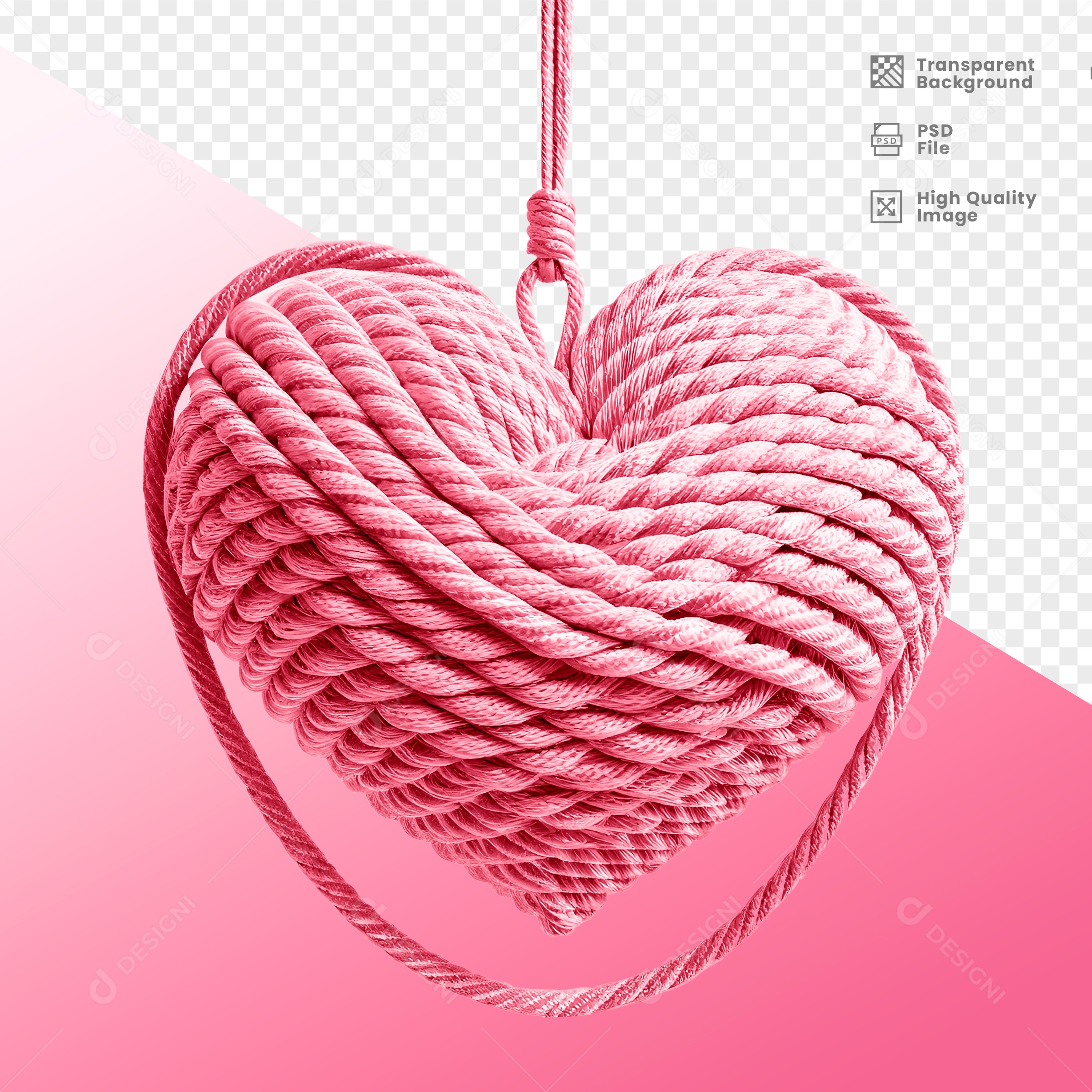 Coração Rosa com Cordas Elemento 3D para Composição PSD