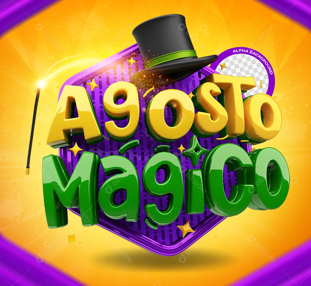 Selo 3D Agosto Mágico Amarelo Roxo e Verde para Composição PSD