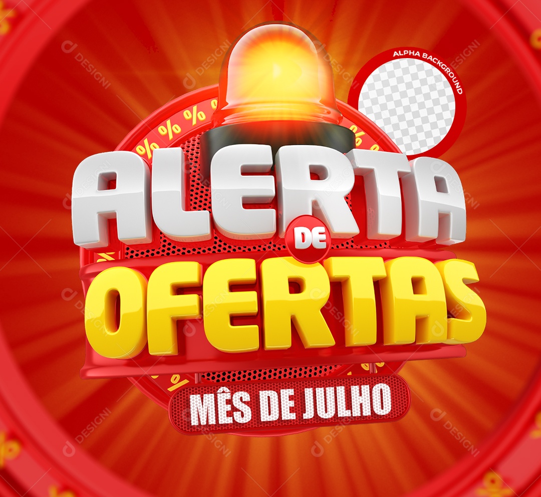 Alerta de Ofertas Mês de Julho Selo 3D Vermelho Branco e Amarelo para Composição PSD