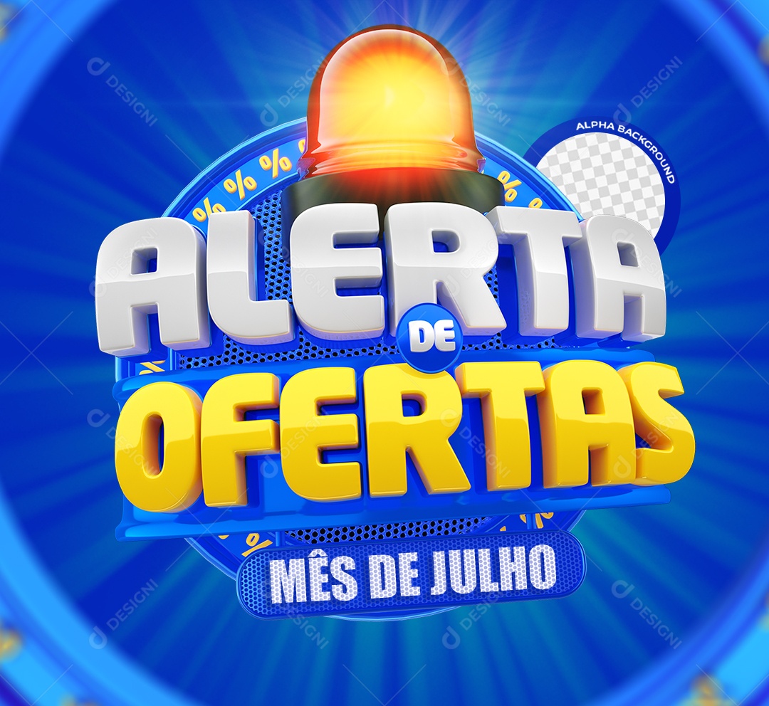 Selo 3D Alerta de Ofertas Mês de Julho Azul Branco e Amarelo para Composição PSD