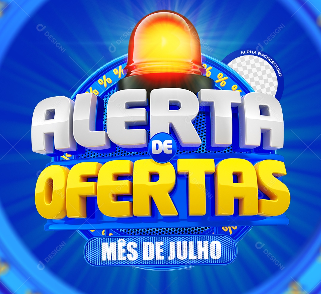Alerta de Ofertas Mês de Julho Selo 3D Azul Branco e Amarelo para Composição PSD