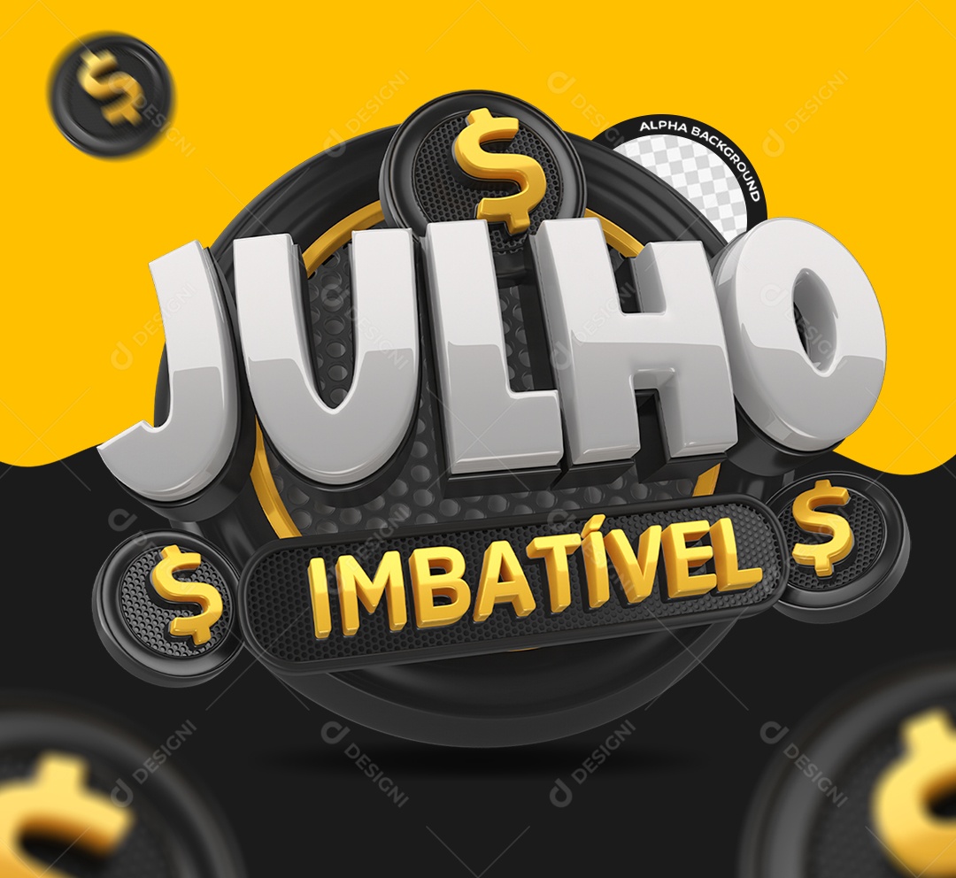 Selo 3D Julho Imbatível Preto e Amarelo para Composição PSD