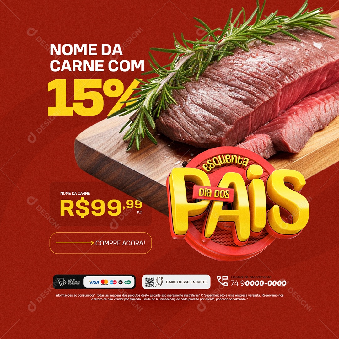 Açougue Esquenta Dia dos Pais Carne com 15% Social Media PSD Editável