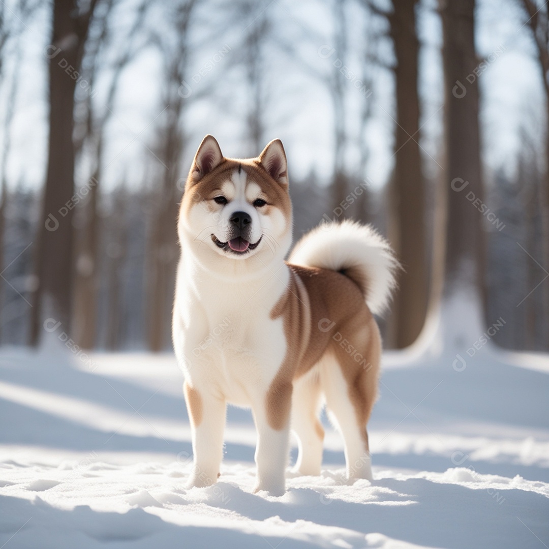 Cachorro akita inu lindo parado no meio da neve