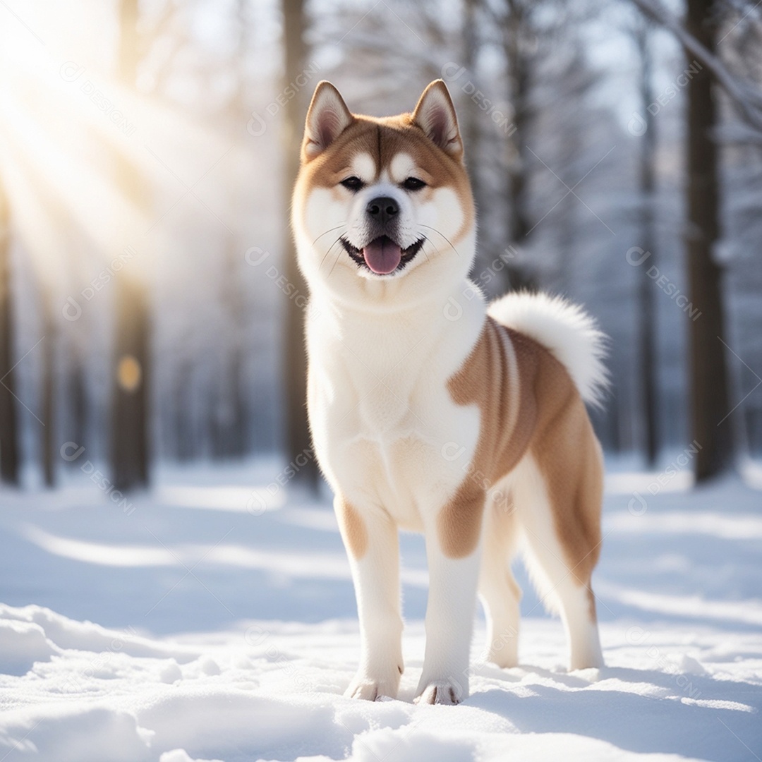 Cachorro akita inu lindo parado no meio da neve