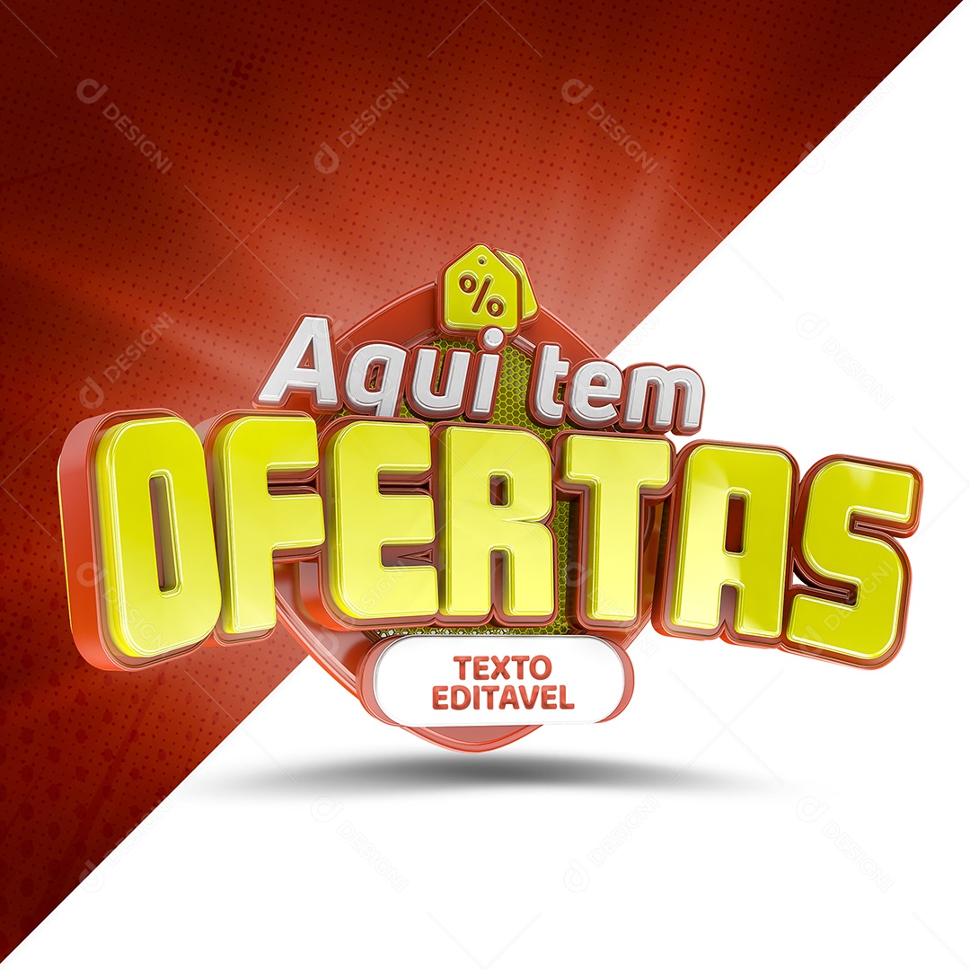 Aqui Tem Ofertas Selo 3D Branco Amarelo e Vermelho para Composição PSD