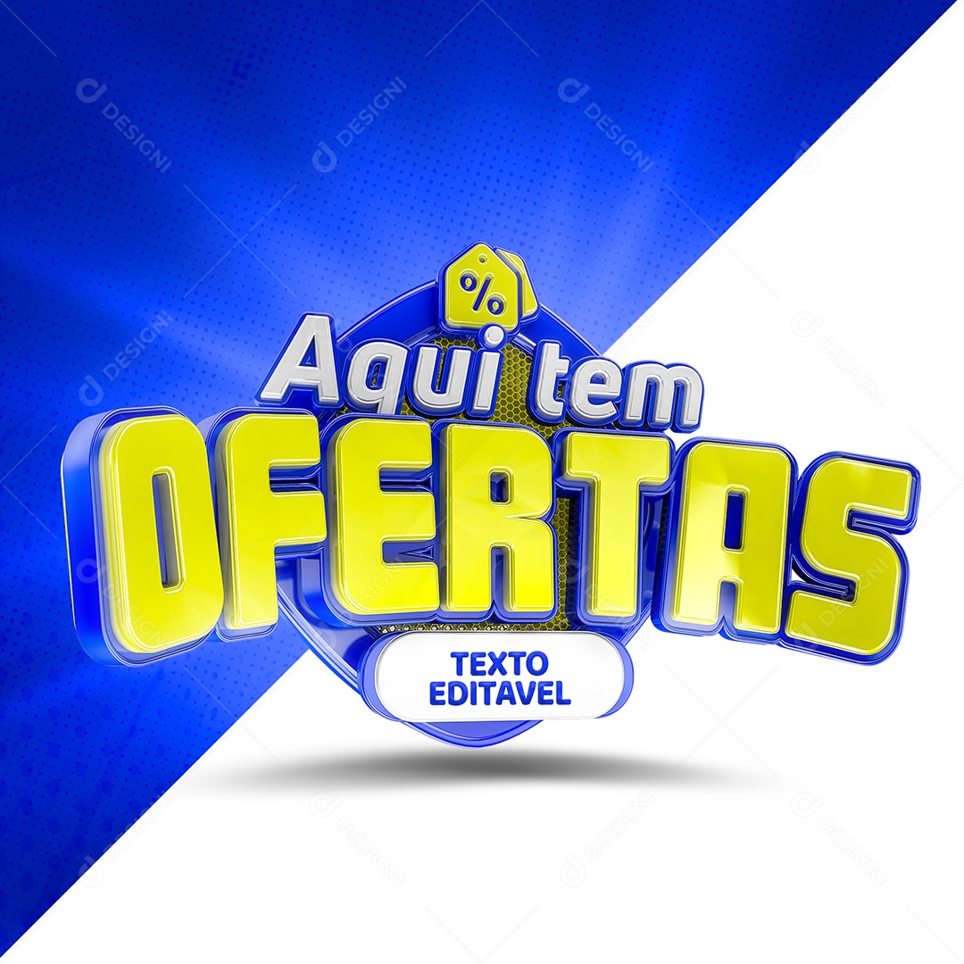 Aqui Tem Ofertas Selo 3D Branco Amarelo e Azul para Composição PSD