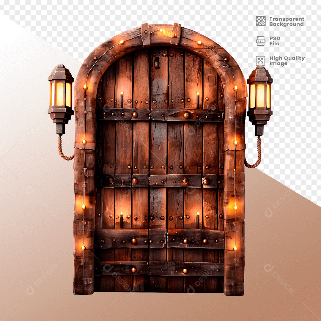Porta de Madeira com Luz Elemento 3D para Composição PSD