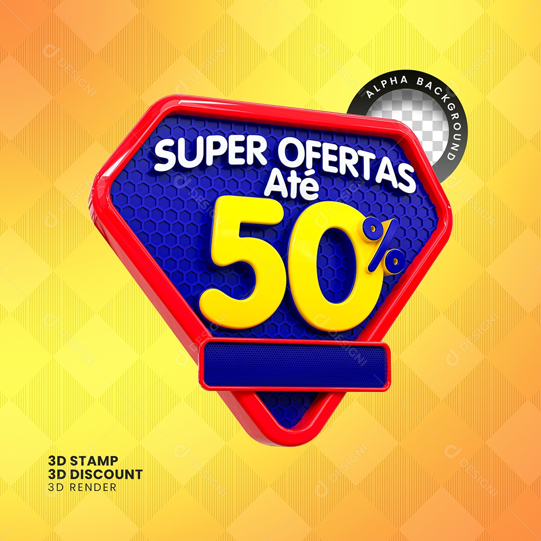 Super Ofertas Até 50% Selo 3D Branco e Amarelo para Composição PSD