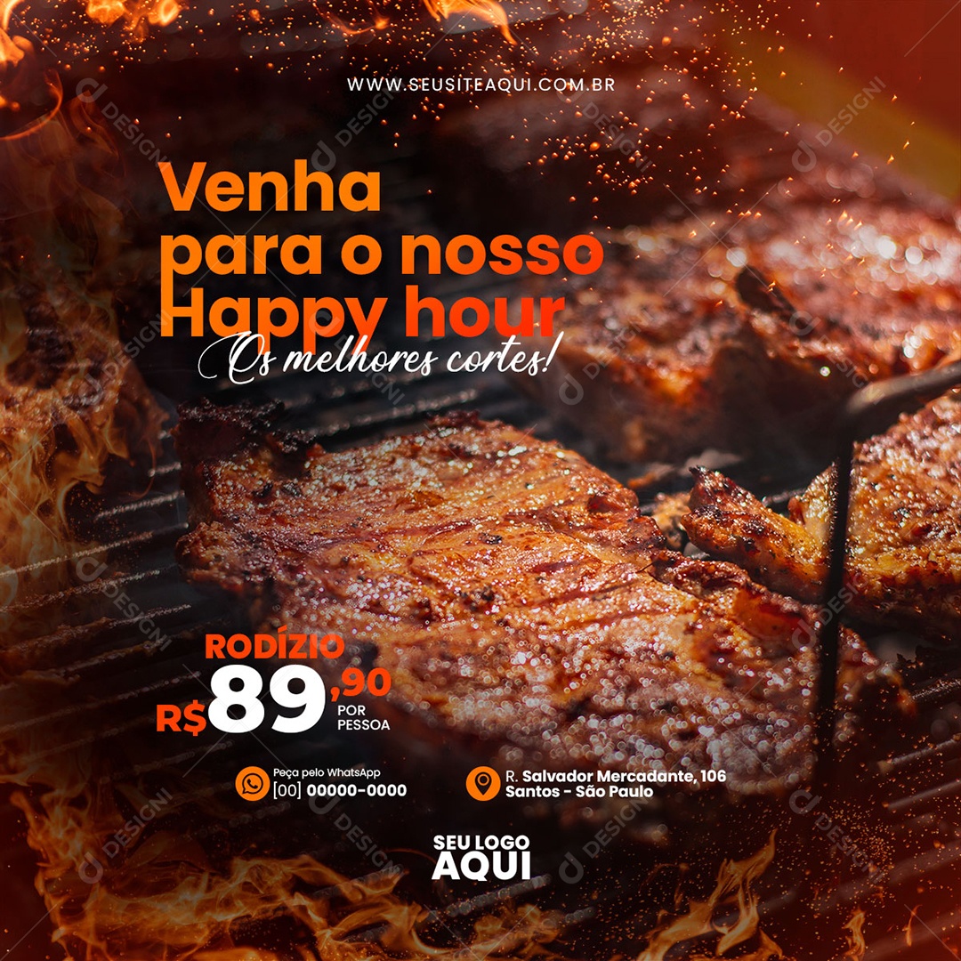 Feed Churrascaria Happy Hour Social Media PSD Editável