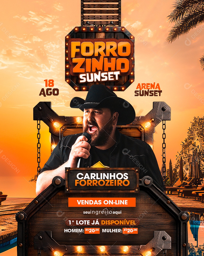 Flyer Forrozinho Sunset Carlinhos Forrozeiro Social Media PSD Editável