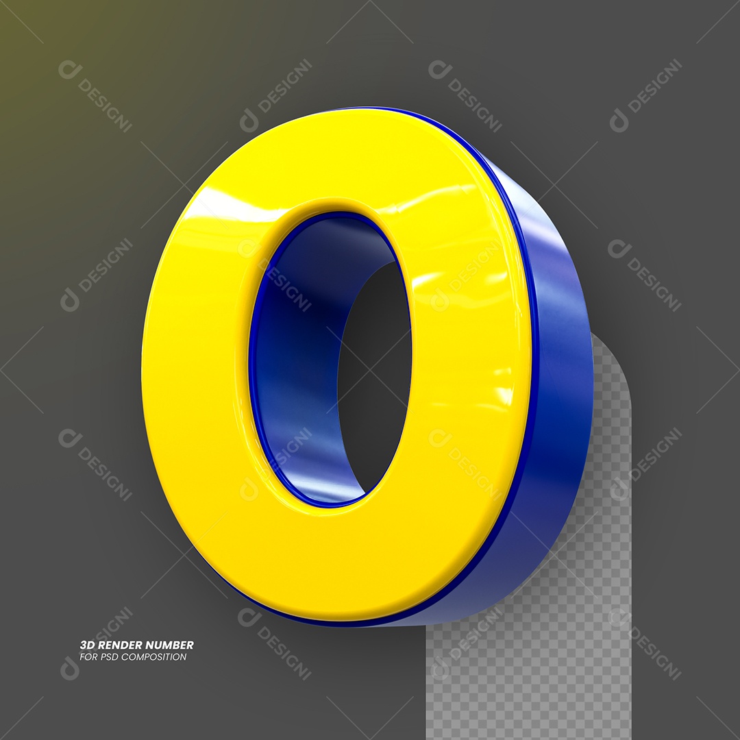 Número 3D 0 Amarelo e Azul para Composição PSD