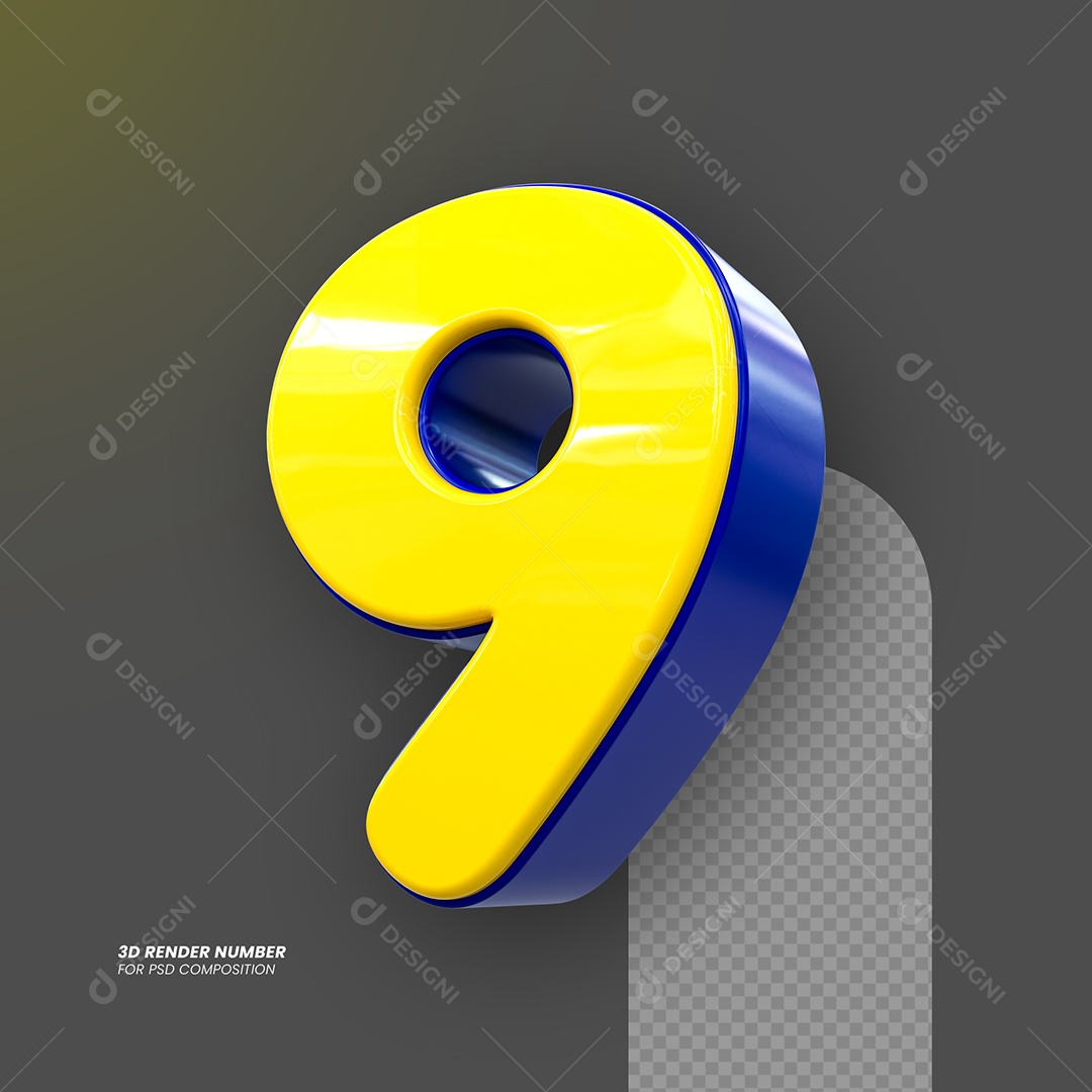 Número 3D 9 Amarelo e Azul para Composição PSD