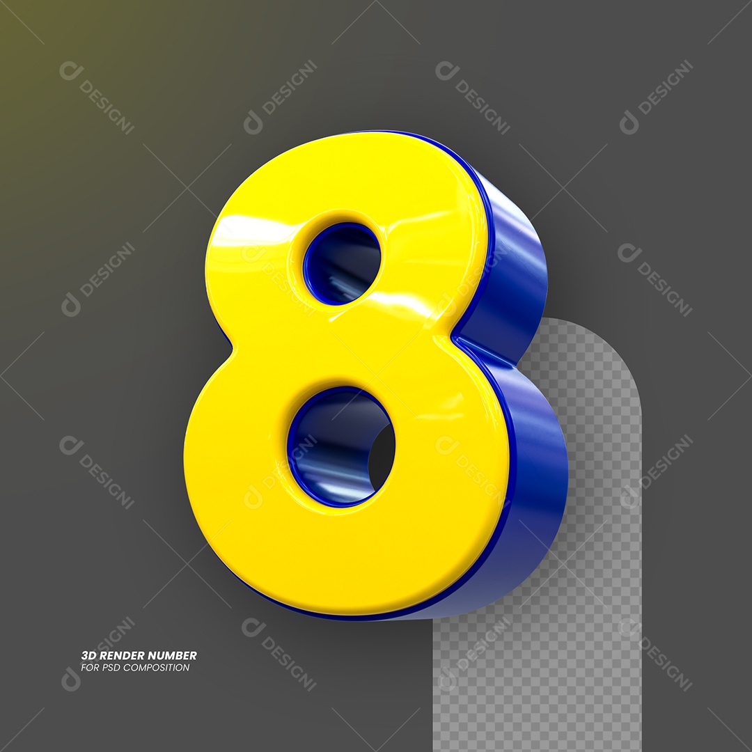 Número 3D 8 Amarelo e Azul para Composição PSD