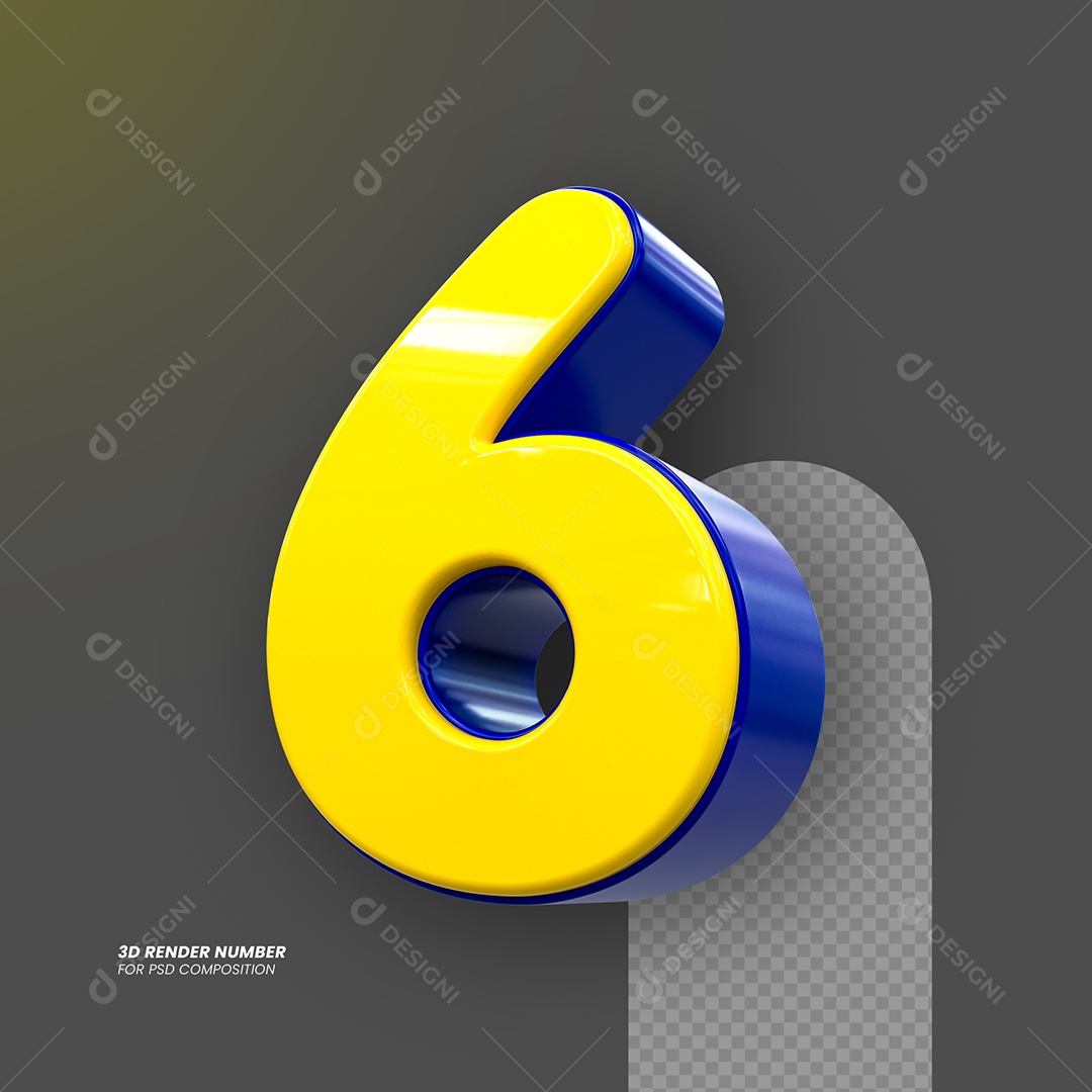Número 3D 6 Amarelo e Azul para Composição PSD