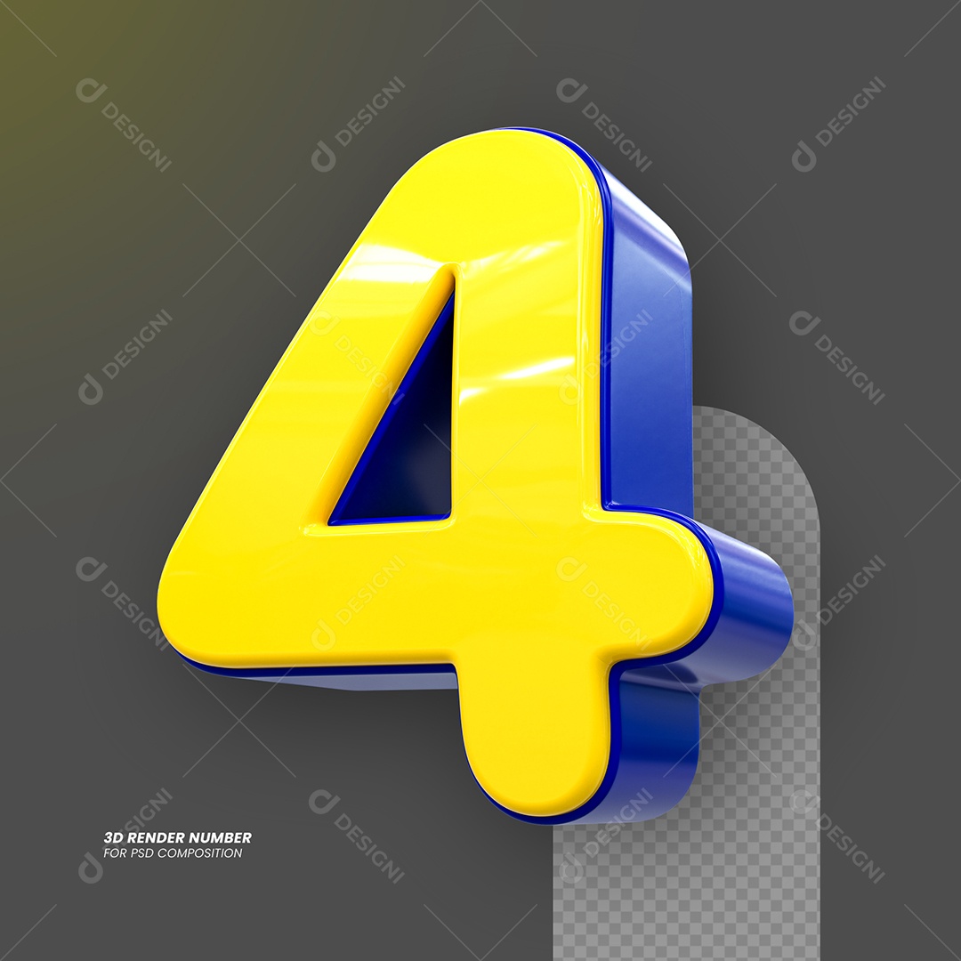 Número 3D 4 Amarelo e Azul para Composição PSD