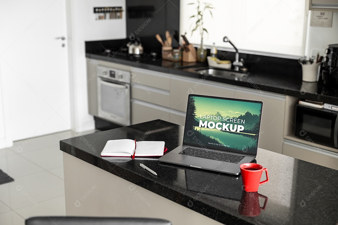 Computador na Bancada da Cozinha PSD Editável Mockup