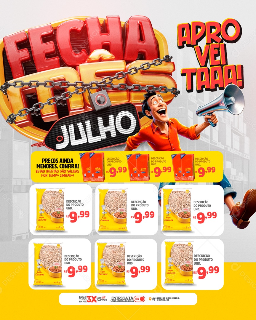 Encarte Fecha Mês Julho Aproveita Salgadinhos Baconzitos Social Media PSD Editável