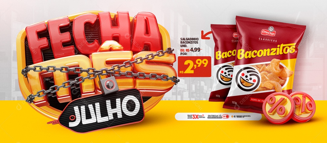 Banner Fecha Mês Julho Salgadinhos Baconzitos Social Media PSD Editável