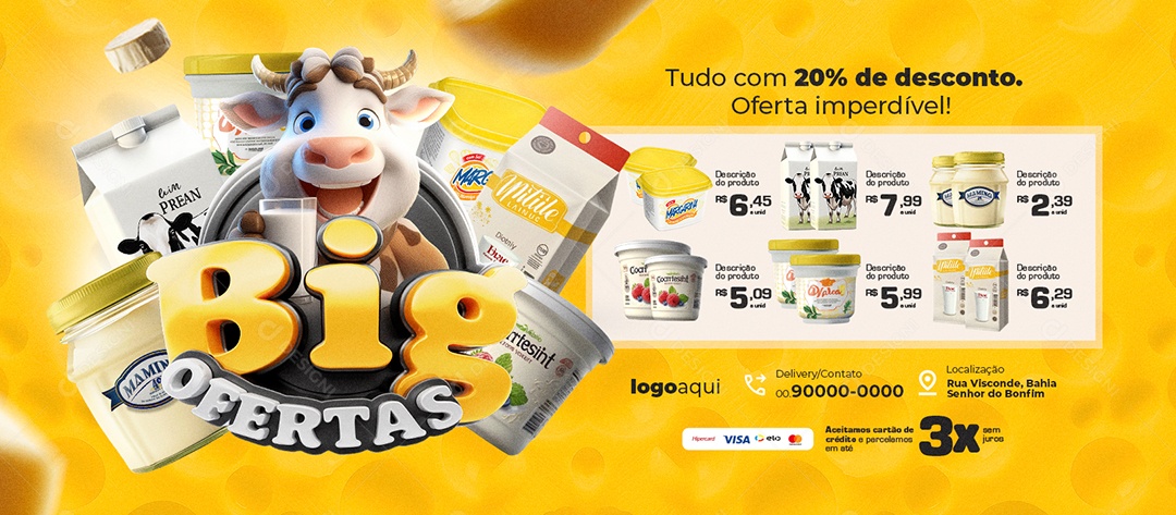 Banner Big Ofertas Laticínios Tudo com 20% de Desconto Social Media PSD Editável