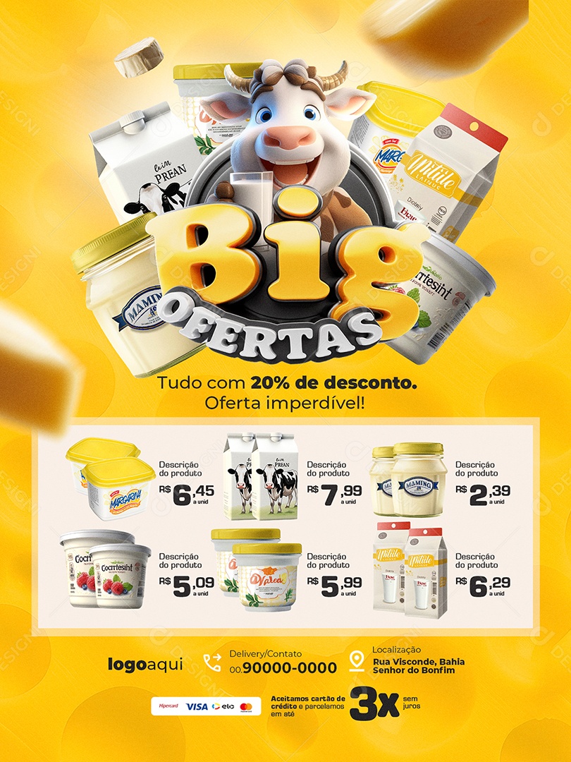 Big Ofertas Laticínios Encarte Tudo com 20% de Desconto Social Media PSD Editável