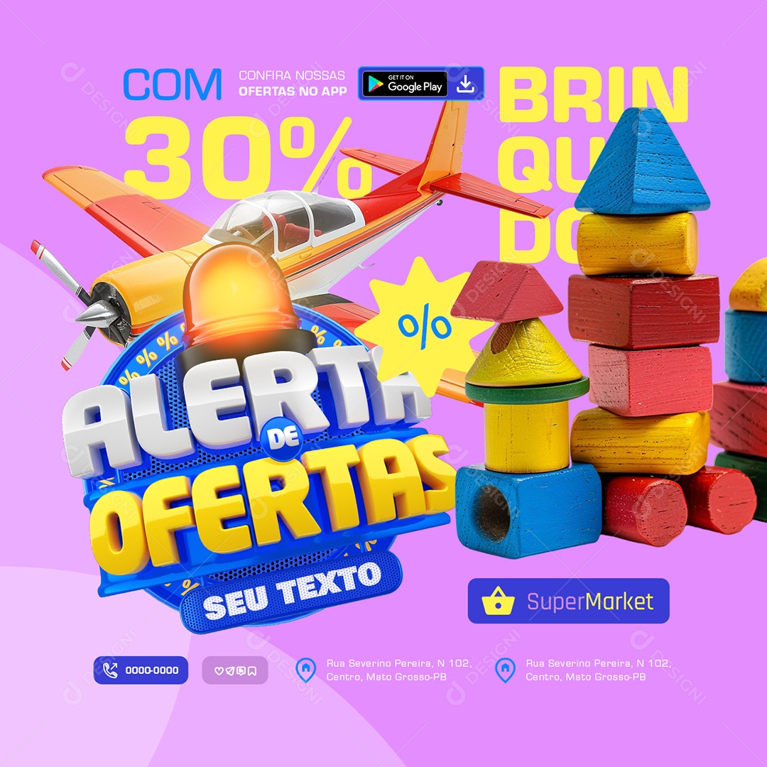 Loja de Brinquedos Alerta  de Ofertas com 30% de Desconto Social Media PSD Editável