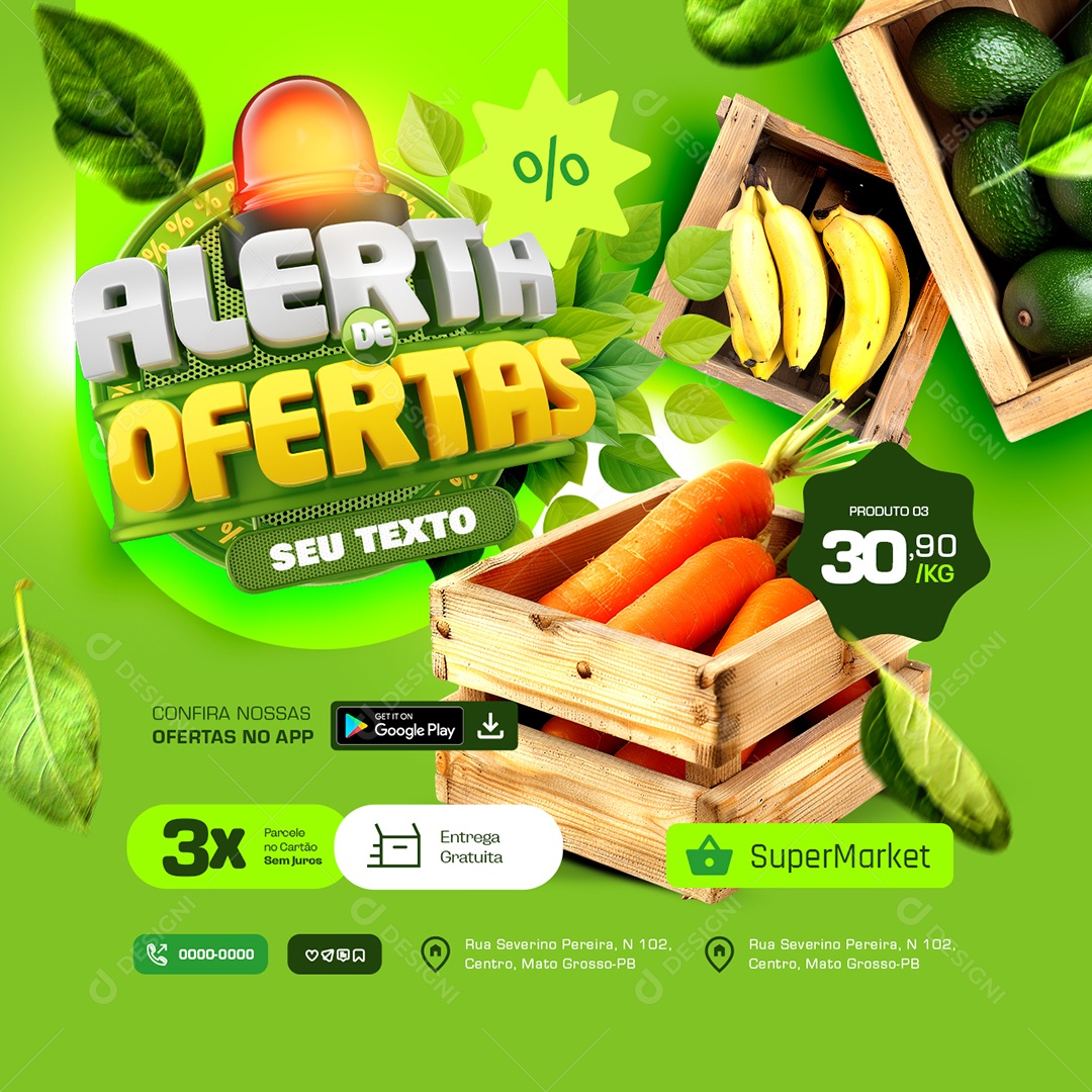Alerta  de Ofertas Hortifruti Banana Cenoura Social Media PSD Editável