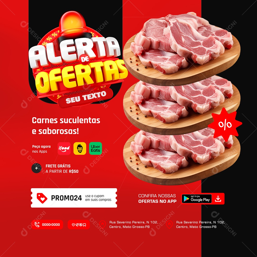 Alerta de Ofertas Açougue Carnes Suculentas Social Media PSD Editável