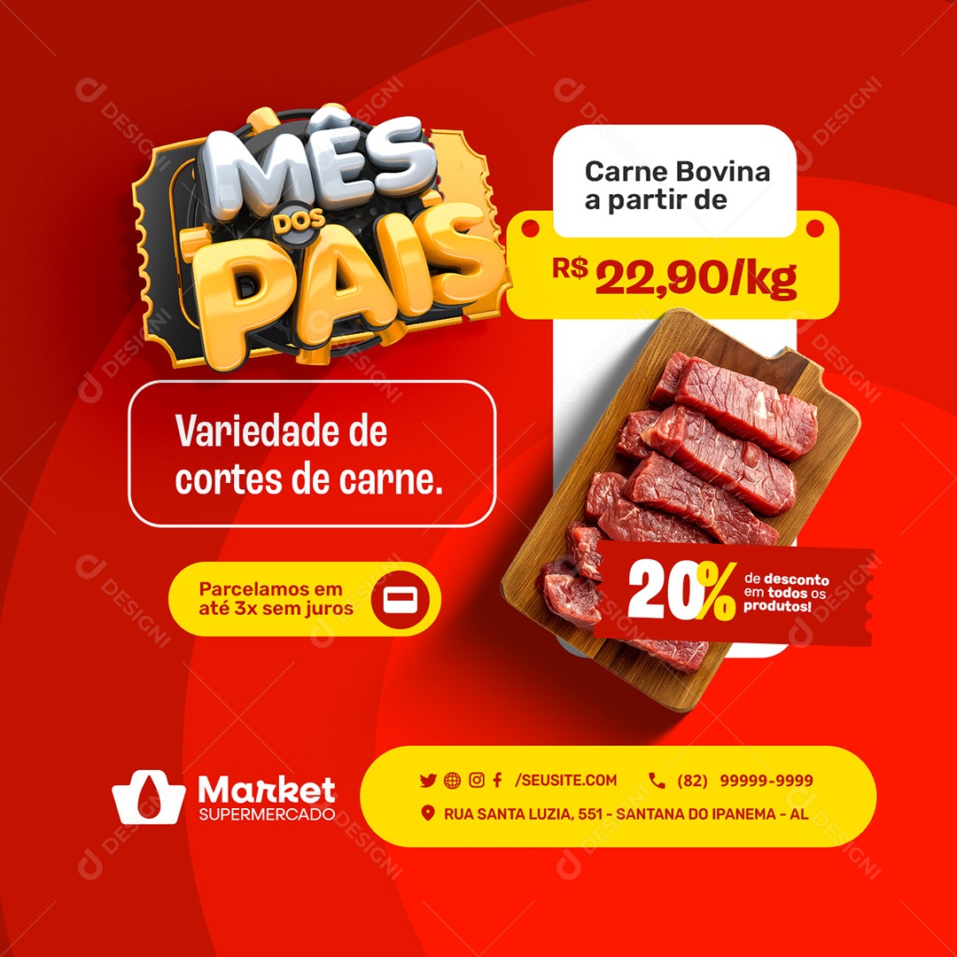 Supermercado Mês dos Pais Carne Bovina Social Media PSD Editável
