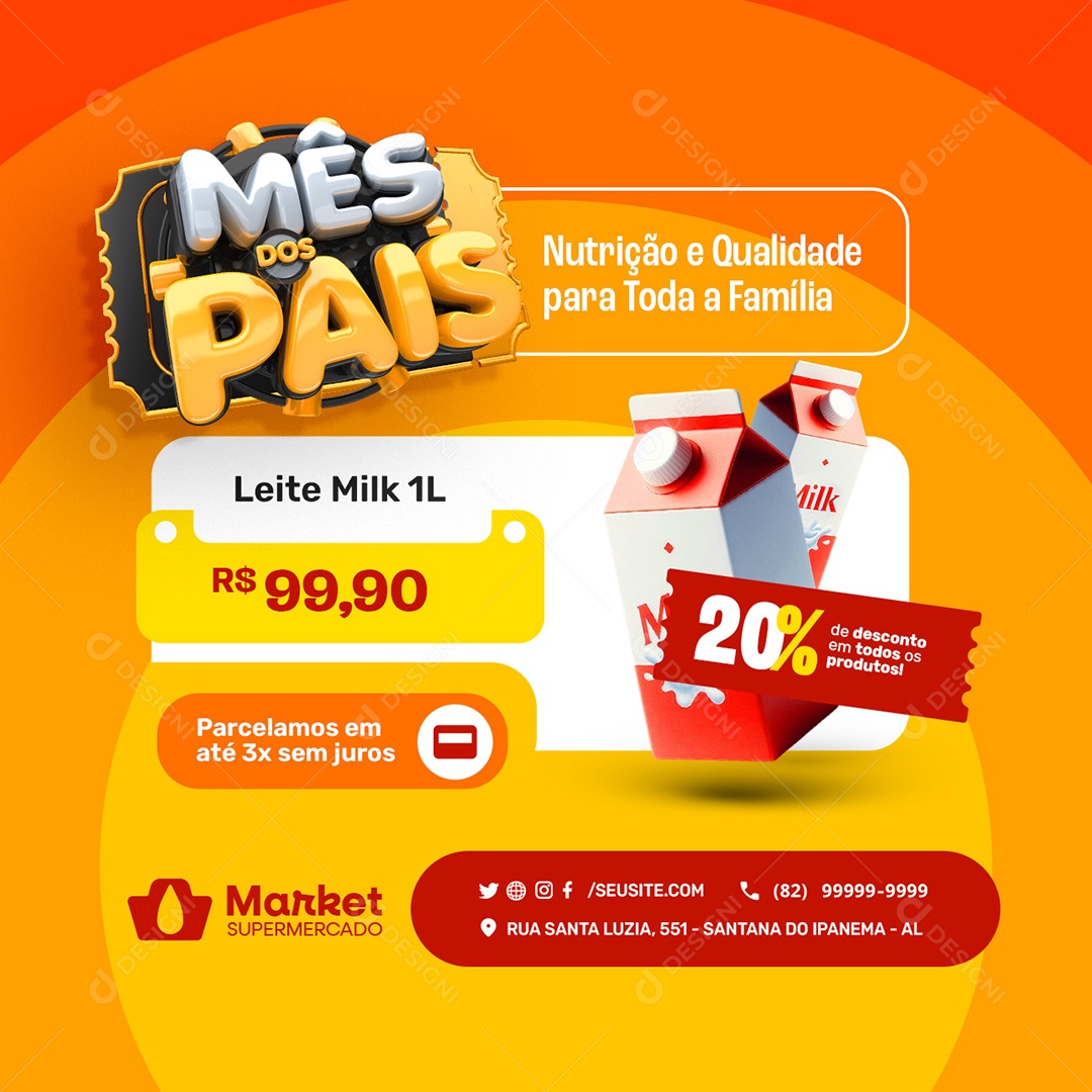 Supermercado Mês dos Pais Leite Milk 1L Social Media PSD Editável