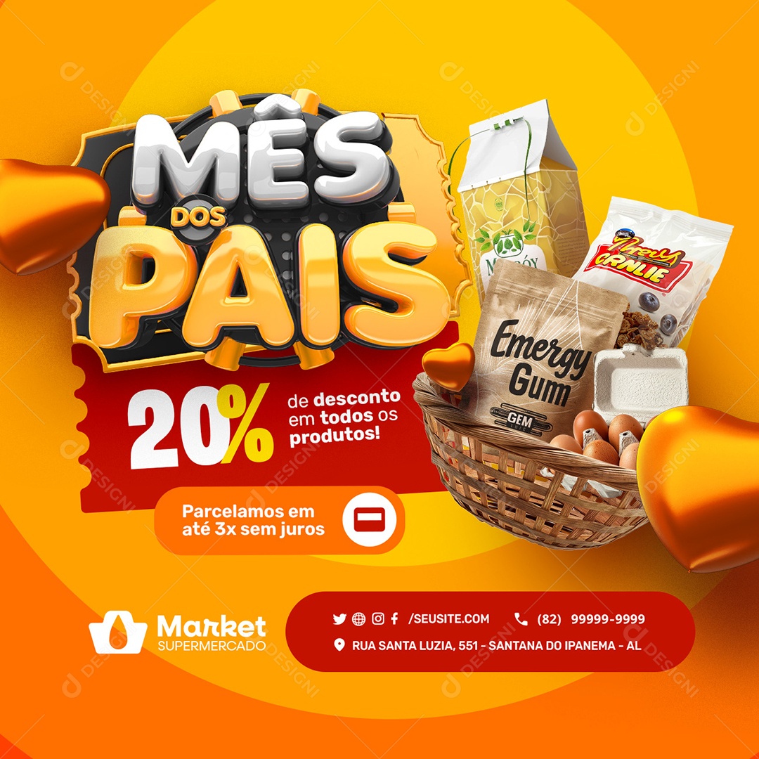 Supermercado Mês dos Pais 20% de Desconto em Todos os Produtos Social Media PSD Editável