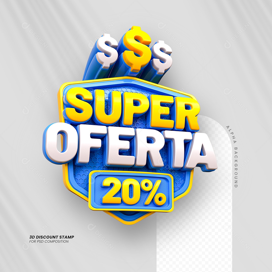 Super Oferta de 20% Selo 3D Azul e Branco para Composição PSD