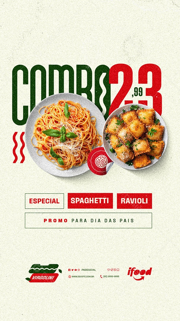 Story Restaurante de Massas Combo Especial Spaghetti Ravioli Promo Dia das Mães Social Media PSD Editável